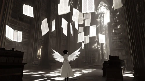Winged Figure in Floating Books