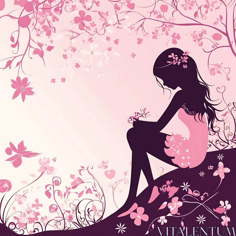 Pensive Girl with Flowers Art AI Image