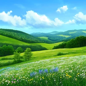 Idyllic Green Meadow and Rolling Hills