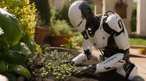 Robotic Gardener in Lush Green Garden