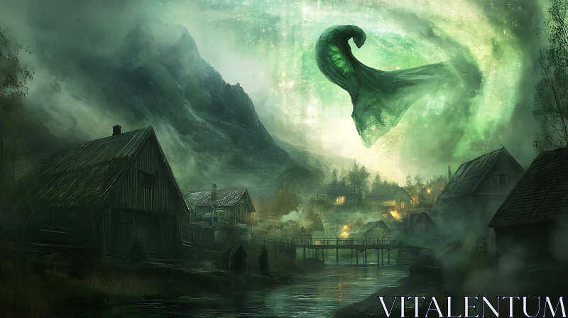 Mystic Village Under Green Sky