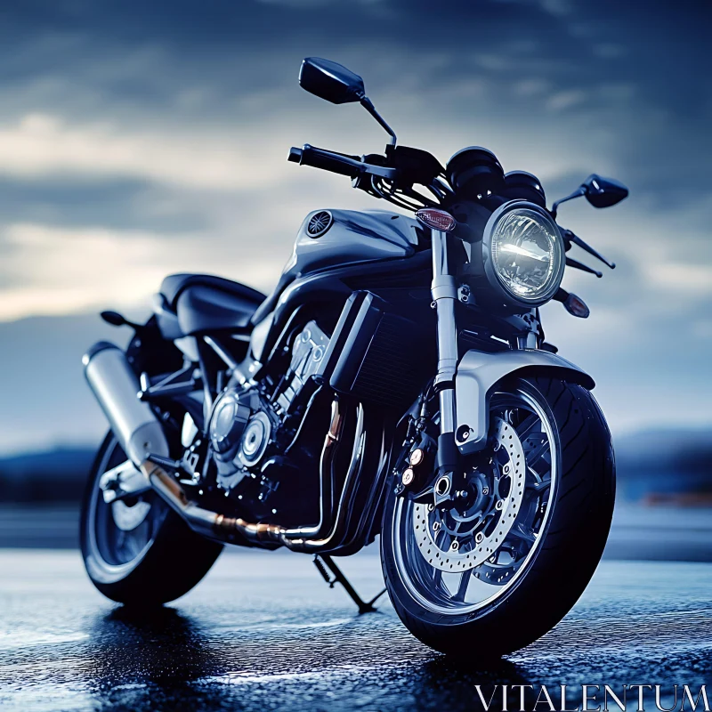 Blue Motorcycle on a Rainy Day AI Image