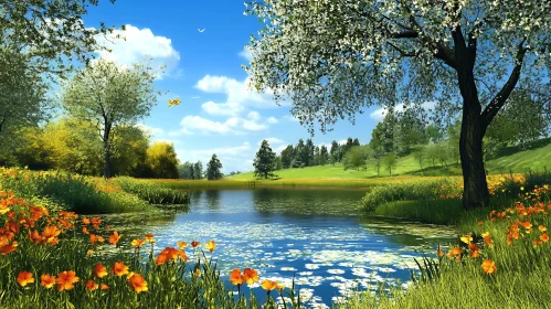 Tranquil Lake Scene with Floral Meadow