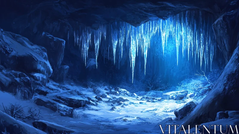 Mysterious Frozen Cave Illuminated in Blue