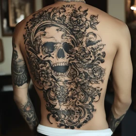 Detailed Black Ink Skull and Floral Tattoo
