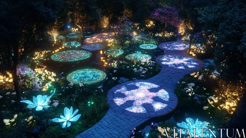 Luminous Garden Pathway at Night AI Image