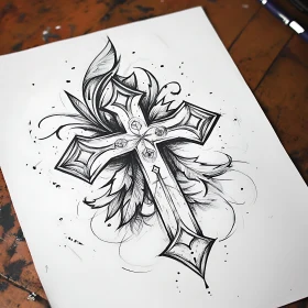 Intricate Cross with Floral Elements Tattoo Sketch
