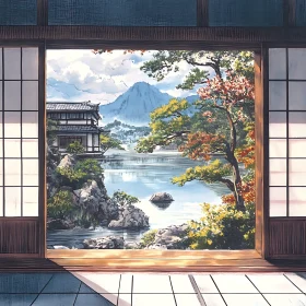 Japanese House Overlooking Tranquil Lake