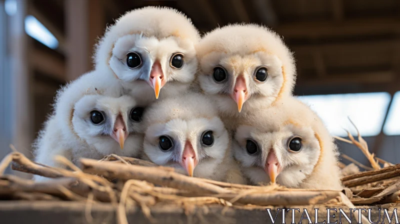 Baby Owls in Nest - Featuring Exaggerated Facial Features AI Image