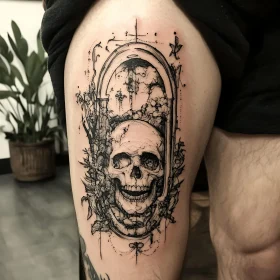 Detailed Thigh Tattoo with Skull and Floral Design