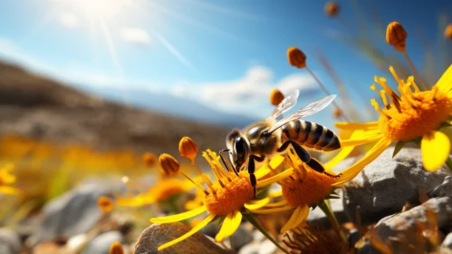 Bee on Flower Amidst Yellow Rocks under Sunlight - Nature's Wonders