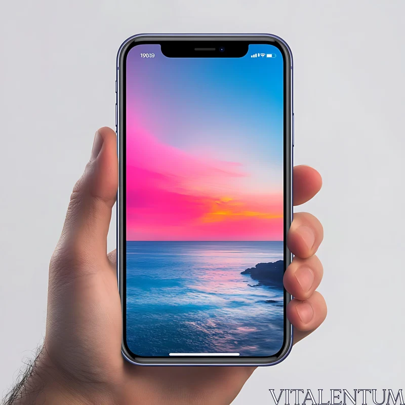 Hand Holding Phone with Sunset Display