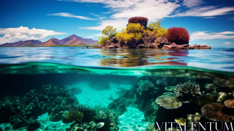 Captivating Underwater View: Tropical Coral Reef and Island AI Image