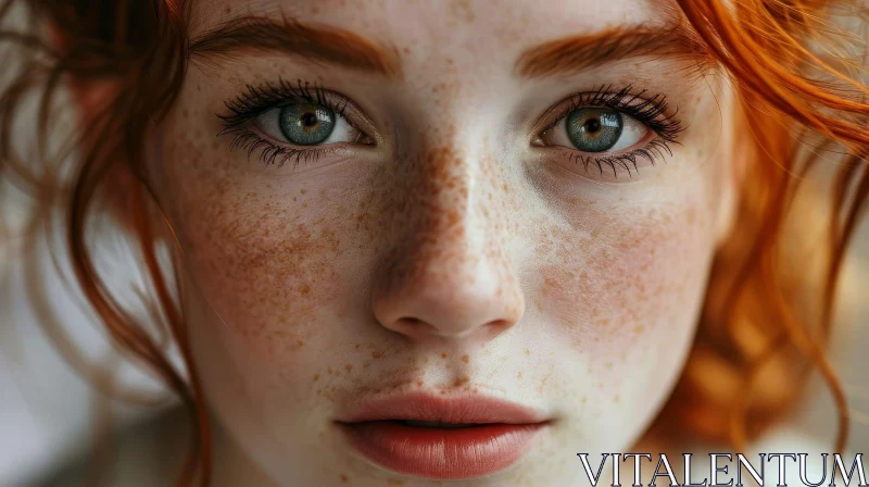 AI ART Close-up Portrait of a Young Woman with Freckles | Red Hair and Green Eyes
