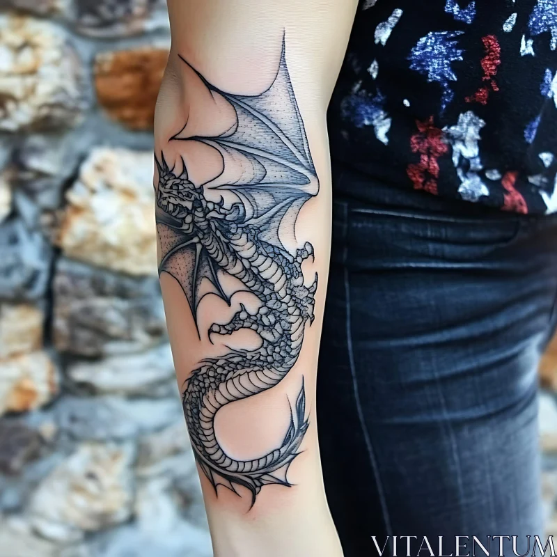 Detailed Black Ink Dragon Tattoo on Forearm