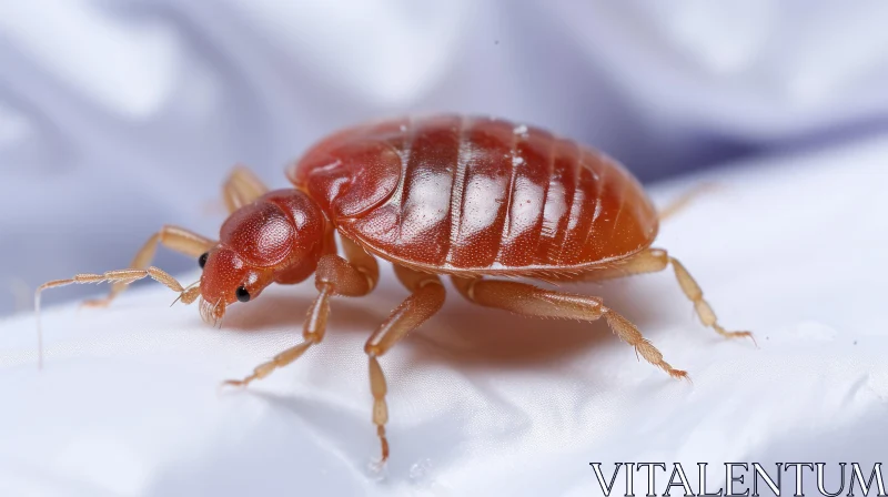AI ART Early Bed Bug in Light Amber and Crimson - Close-up on White Fabric