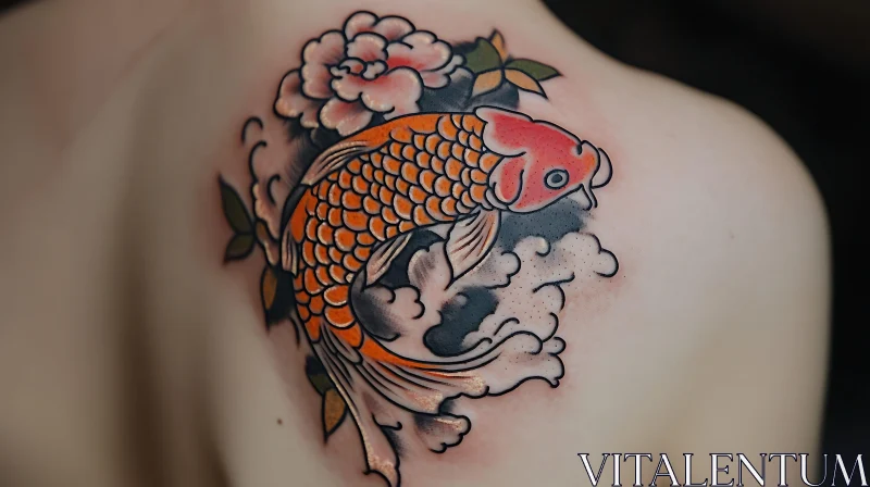 Koi Fish and Flower Tattoo on Back