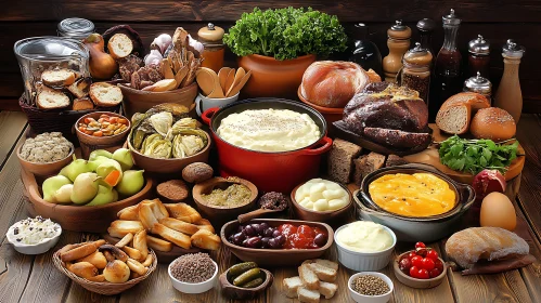 Diverse Feast on Rustic Table