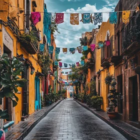 Vibrant Urban Street with Festive Flags