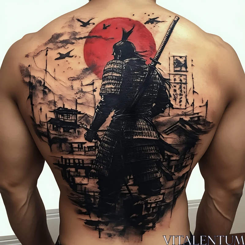 Samurai Warrior Back Tattoo with Red Sun