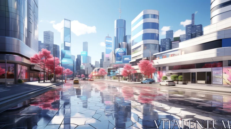 Futuristic City Street with Cherry Blossoms and Reflective Waters AI Image