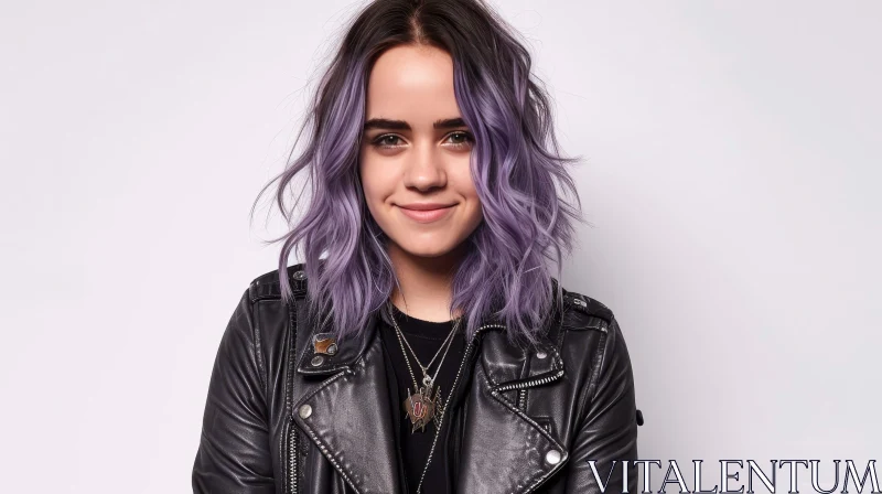 Stylish Young Woman with Purple Hair and Leather Jacket AI Image