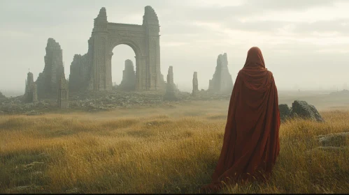 Figure in Red Cloak Overlooking Ruins