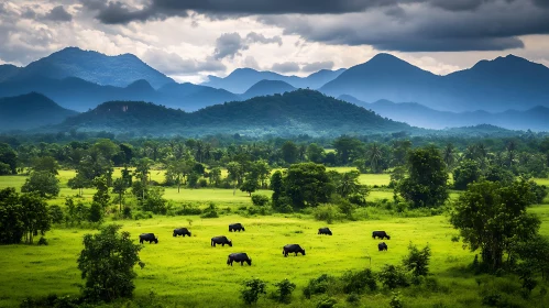 Picturesque Green Field with Distant Mountains