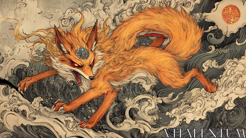 Mythical Fox Creature in Ukiyo-e Style AI Image