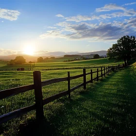 Green Field at Sunrise with Wooden Fence