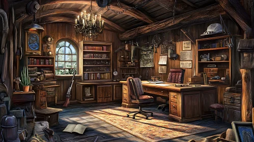 Rustic Study Room with Chandelier