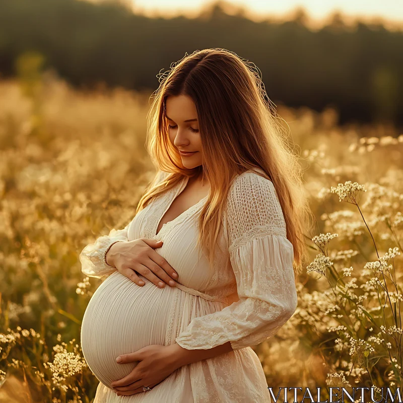 AI ART Pregnant Woman in Field at Sunset