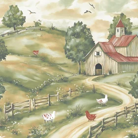 Pastoral Farmhouse with Roaming Chickens Artwork