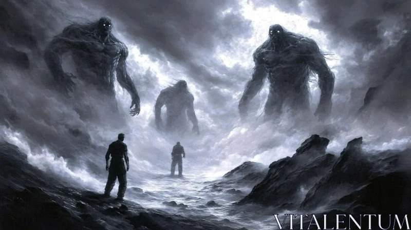 AI ART Monochrome Giants Emerging from Mist