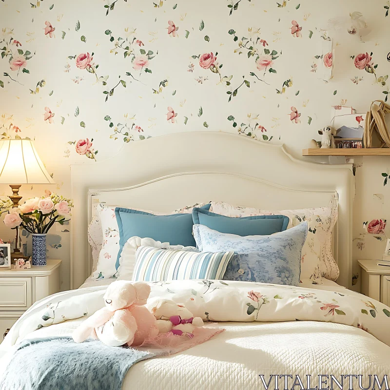 Pastel Bedroom with Floral Accents AI Image