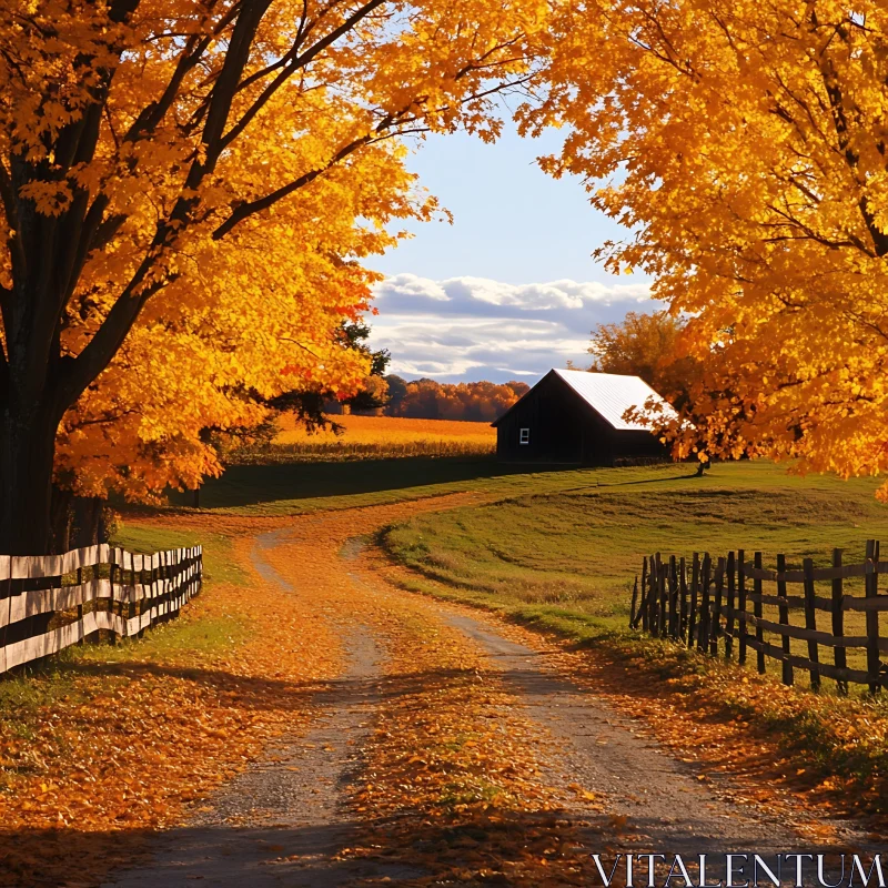 Golden Autumn Path to Barn AI Image