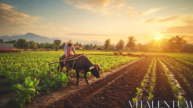 Rural Sunset: Farmer Plowing Field with Ox AI Image