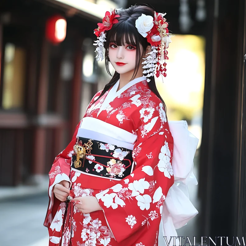 Red Kimono Woman with Floral Headpiece AI Image