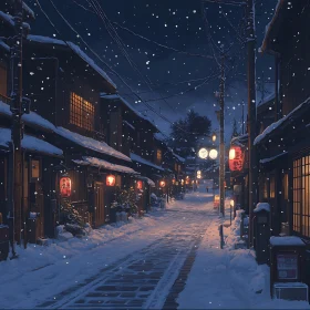 Snowy Street with Lanterns at Night