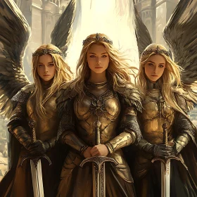 Three Golden Angel Warriors with Swords