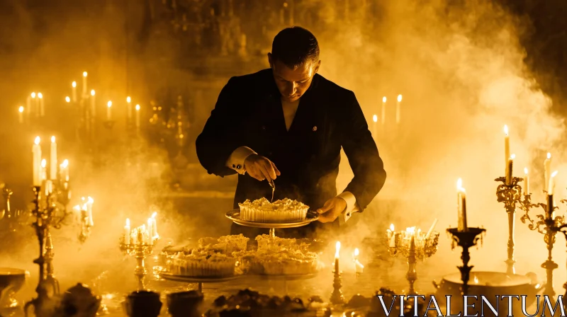 Man Preparing Cake in Candlelight AI Image