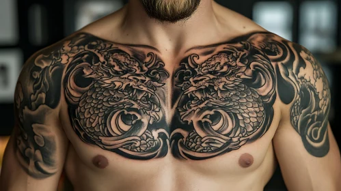 Detailed Symmetrical Dragon Chest Tattoo