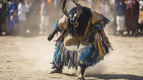 Horned Mask Dancer in Ritual Performance