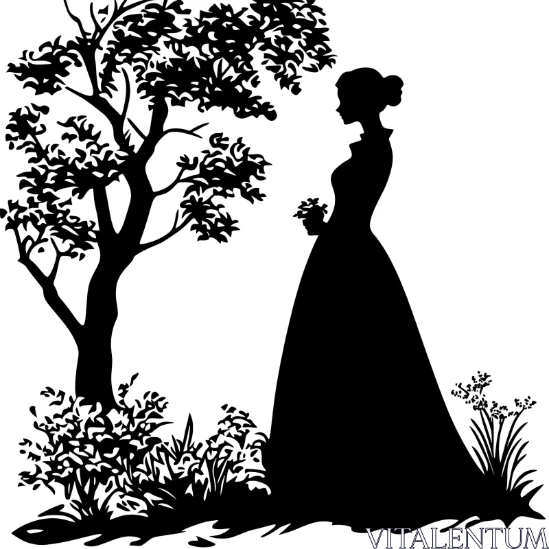 Monochrome Woman with Flowers near Tree AI Image