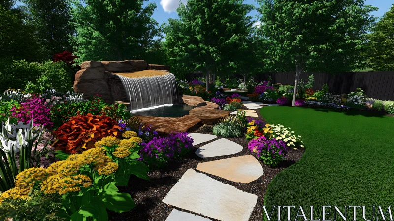 Picturesque Waterfall and Flower Garden Scene AI Image