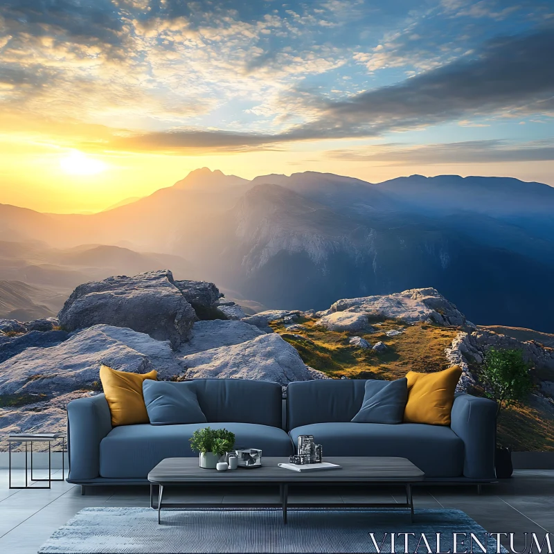 AI ART Modern Living Room with Scenic Mountain Wallpaper