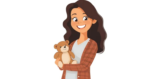 Cartoon Woman Holding a Teddy Bear