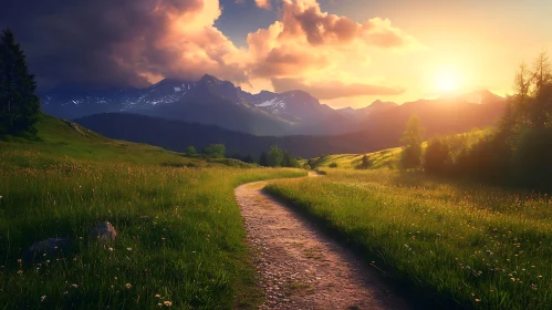 Golden Meadow Path to Mountains