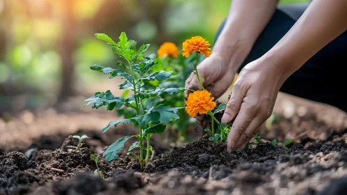 Hands Planting Orange Flowers