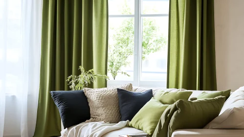 Living Room with Green Curtains and Pillows